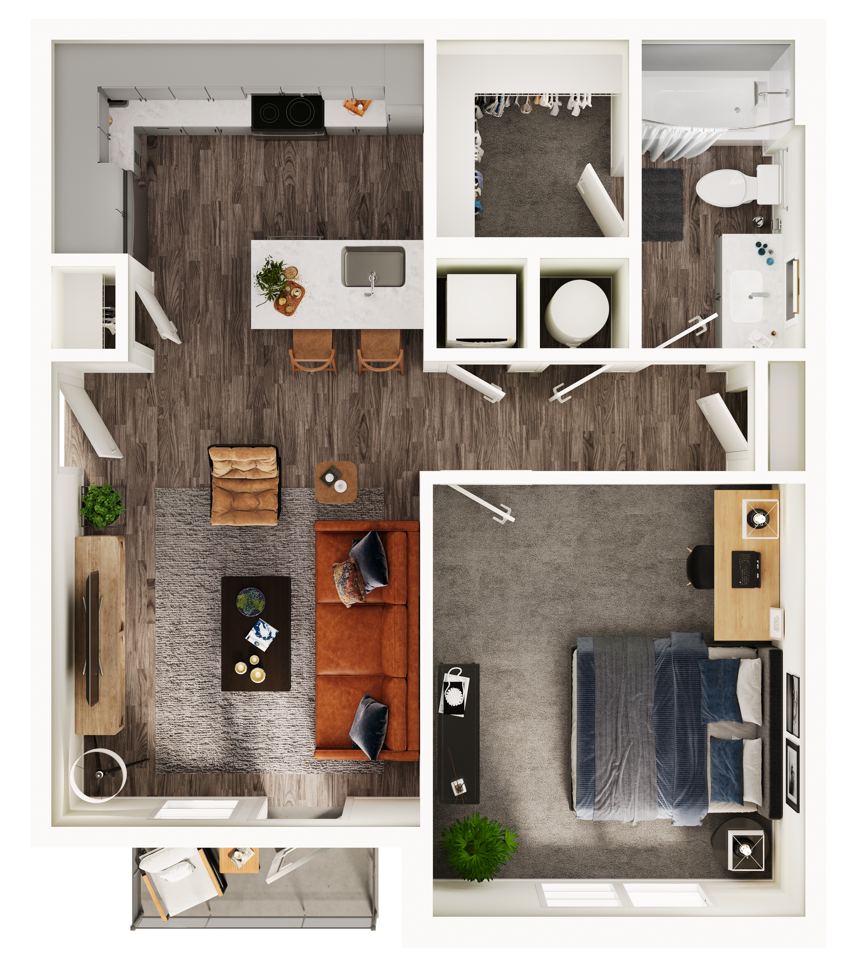 A 3D image of the A1 floorplan, a 678 squarefoot, 1 bed / 1 bath unit