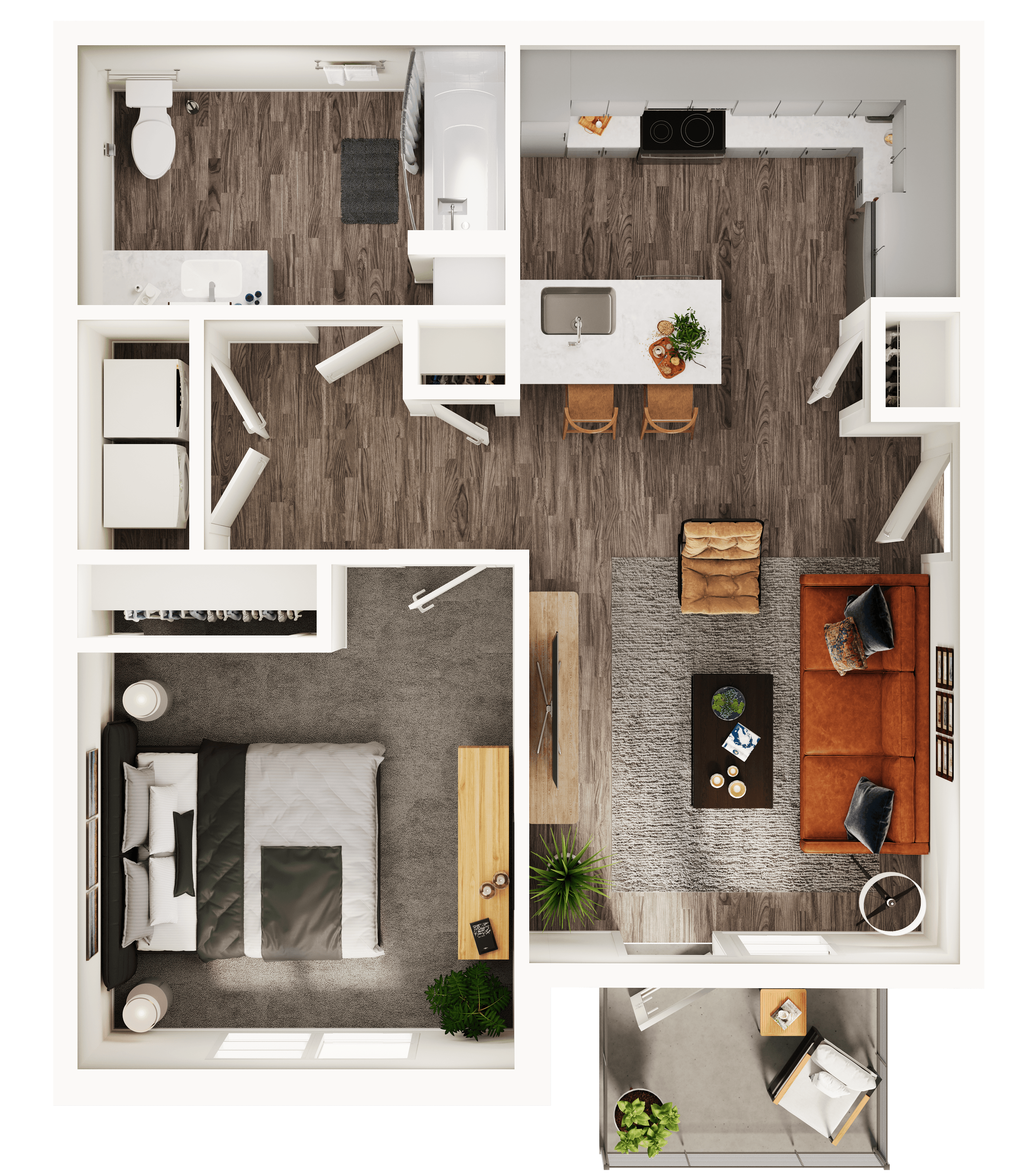 A 3D image of the A2 floorplan, a 678 squarefoot, 1 bed / 1 bath unit