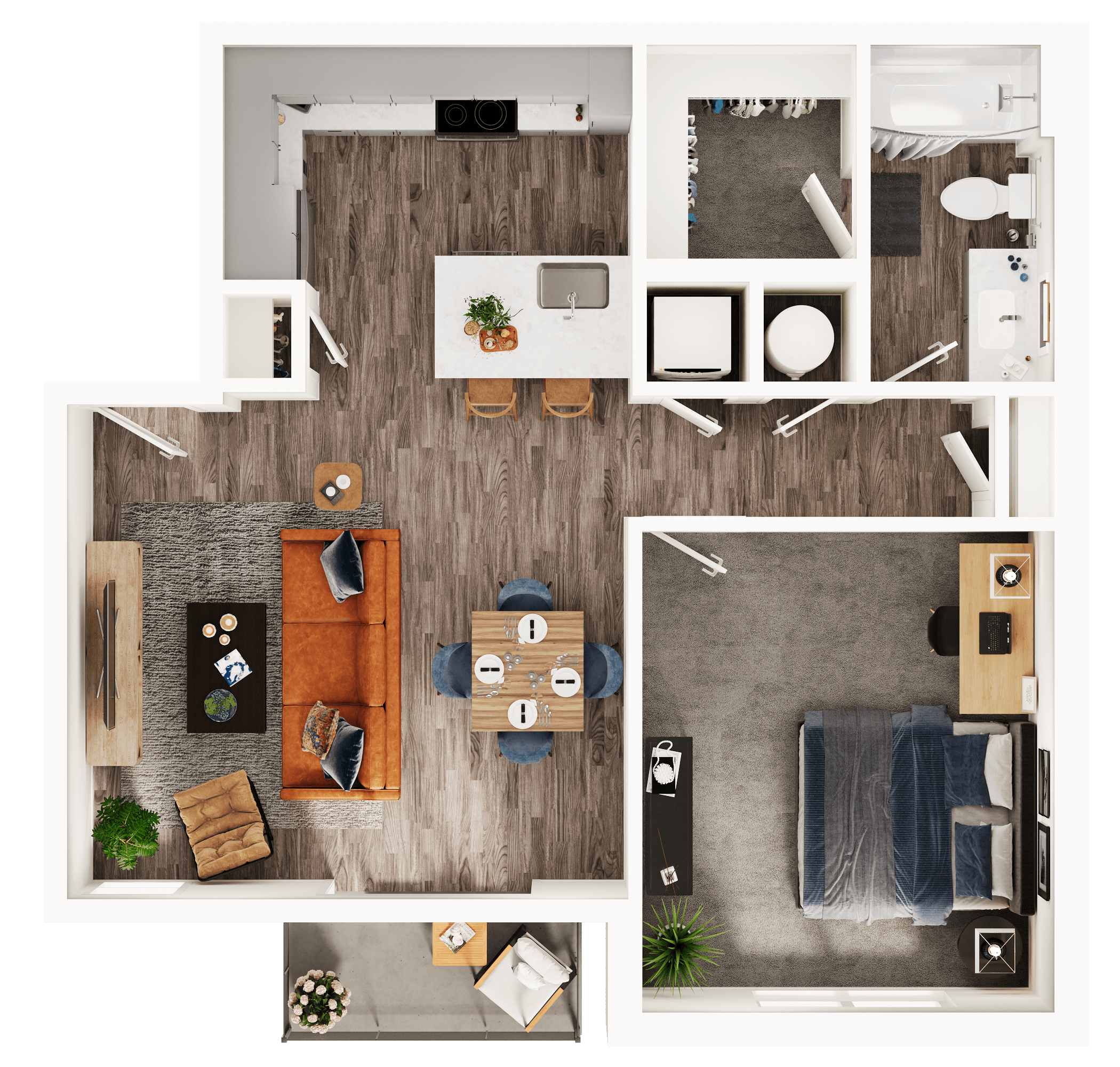 A 3D image of the A6 floorplan, a 738 squarefoot, 1 bed / 1 bath unit