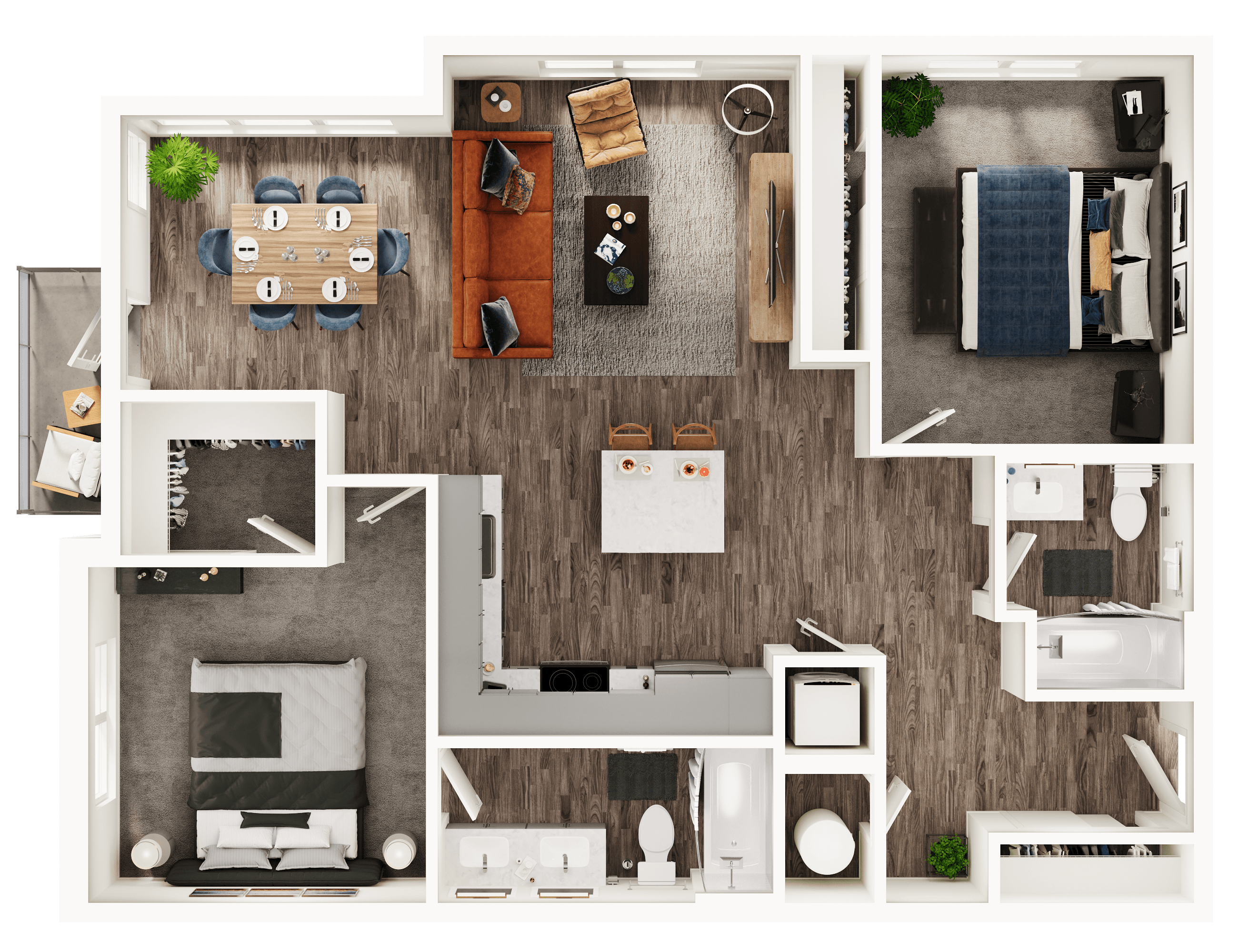 A 3D image of the B3 floorplan, a 1125 squarefoot, 2 bed / 2 bath unit