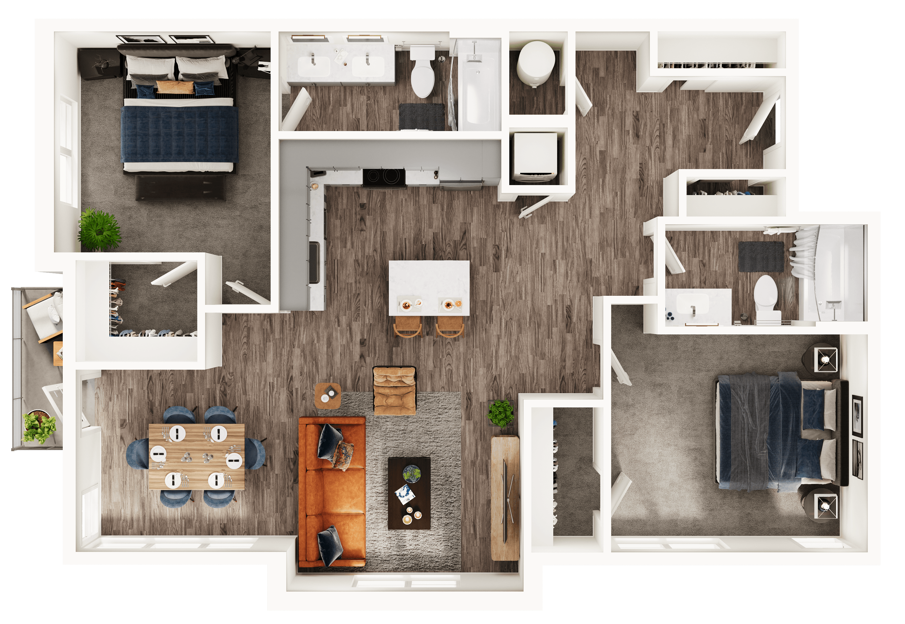 A 3D image of the B4 floorplan, a 1171 squarefoot, 2 bed / 2 bath unit