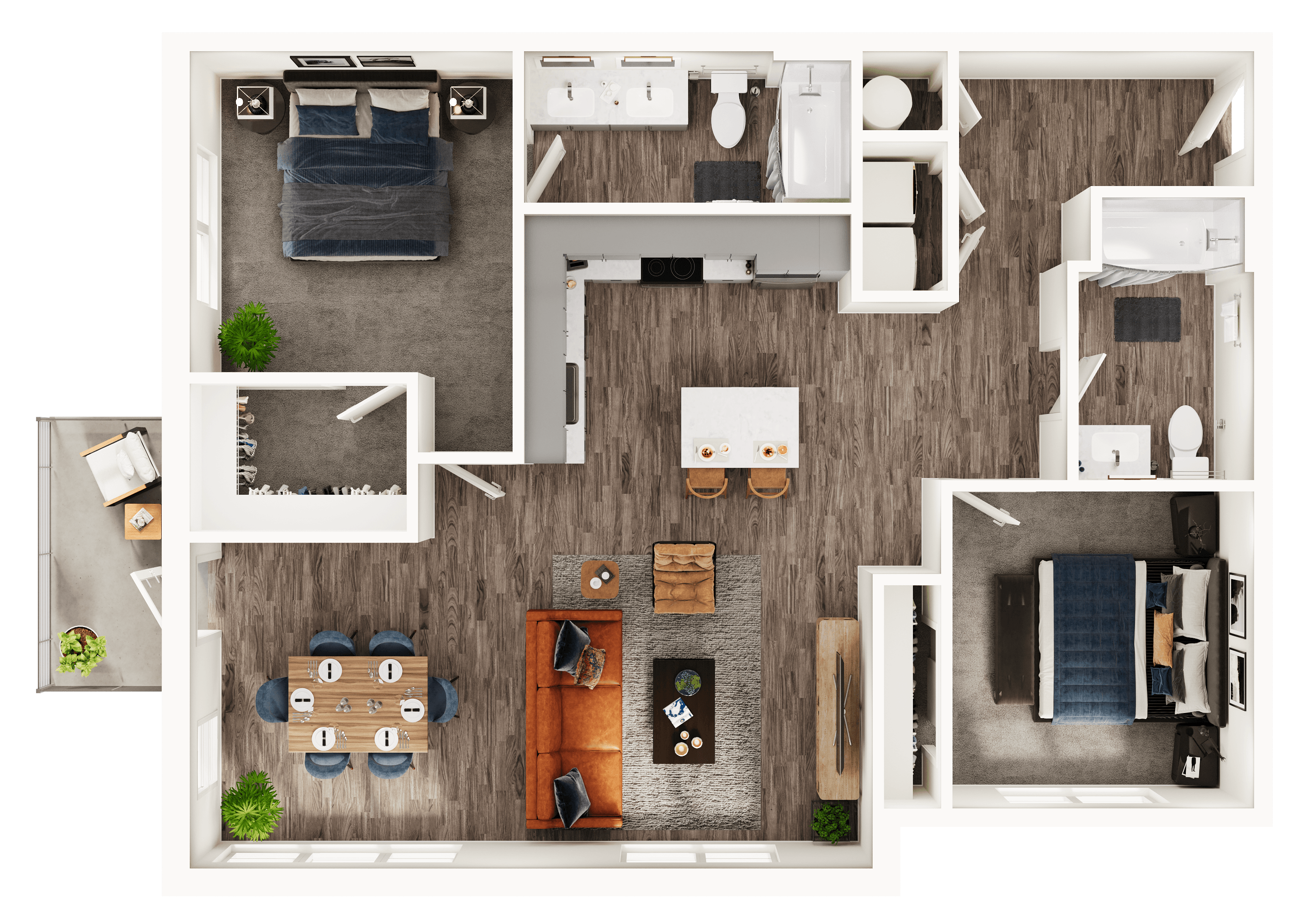 A 3D image of the B6 floorplan, a 1144 squarefoot, 2 bed / 2 bath unit