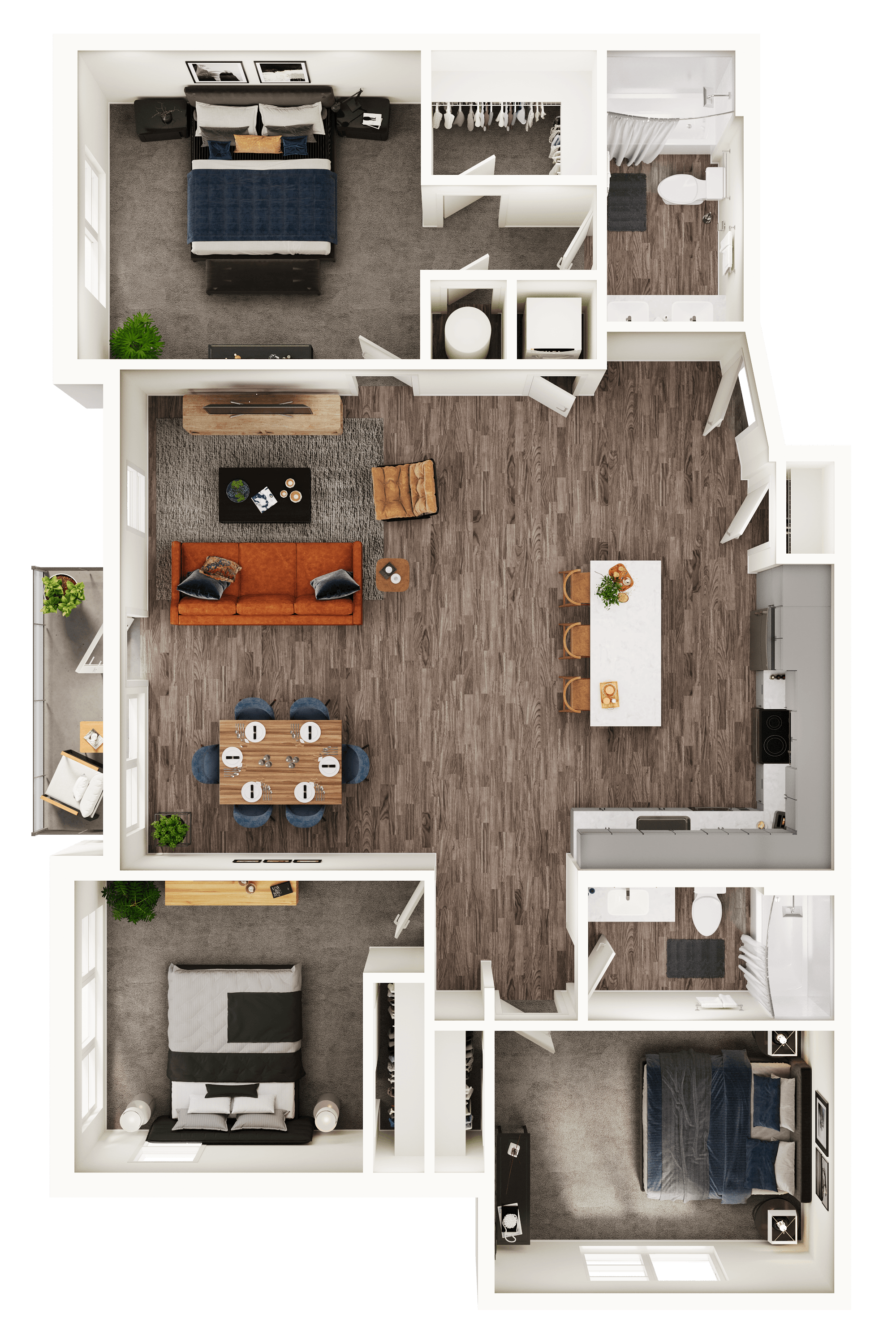 A 3D image of the C1 floorplan, a 1414 squarefoot, 3 bed / 2 bath unit