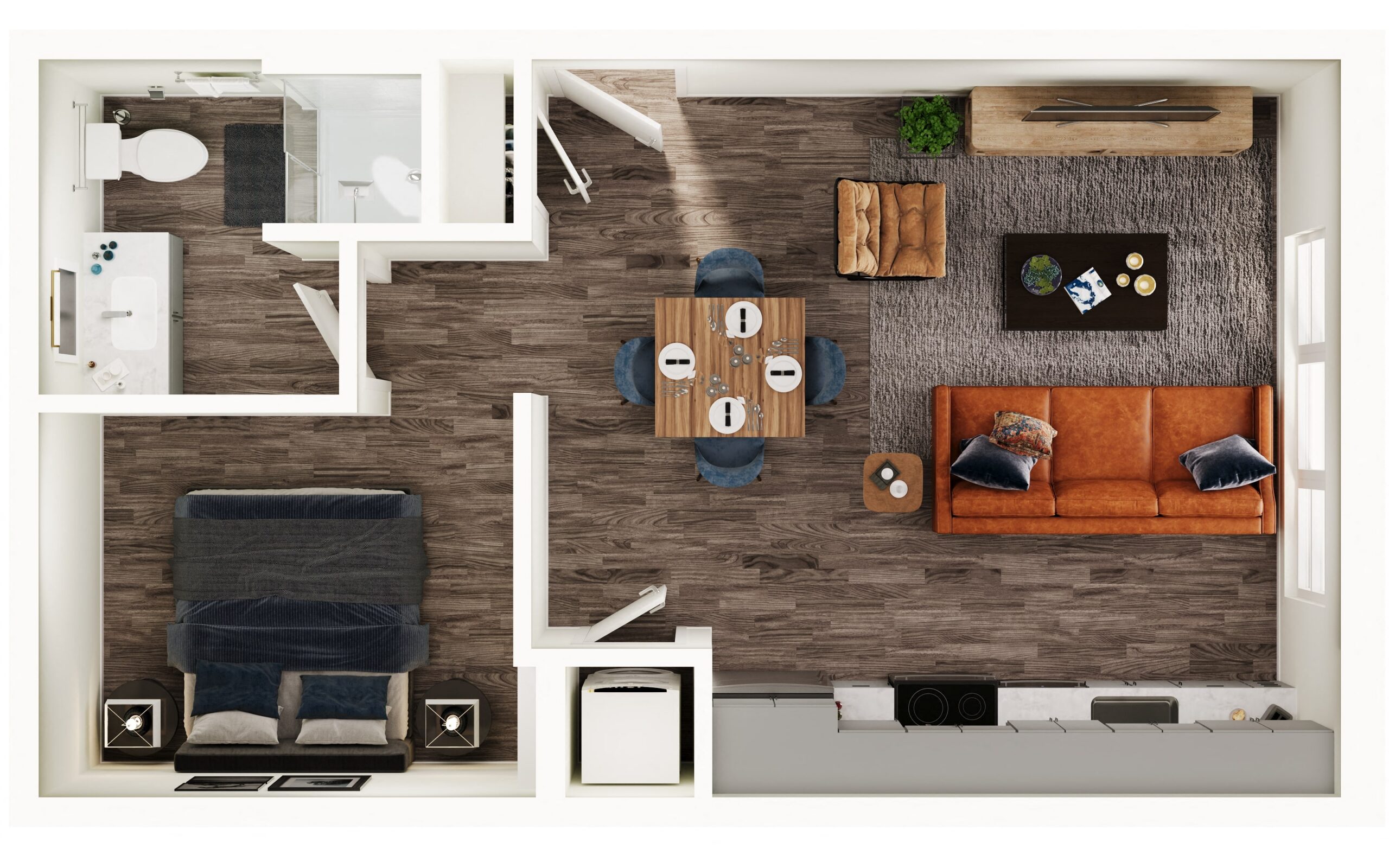 A 3D image of the S1 floorplan, a 516 squarefoot, 0 bed / 1 bath unit