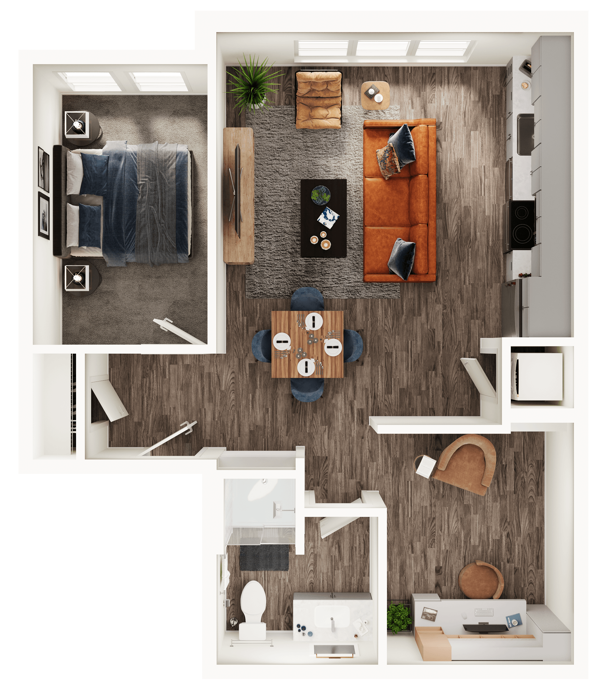 A 3D image of the S1++ floorplan, a 672 squarefoot, 0 bed / 1 bath unit