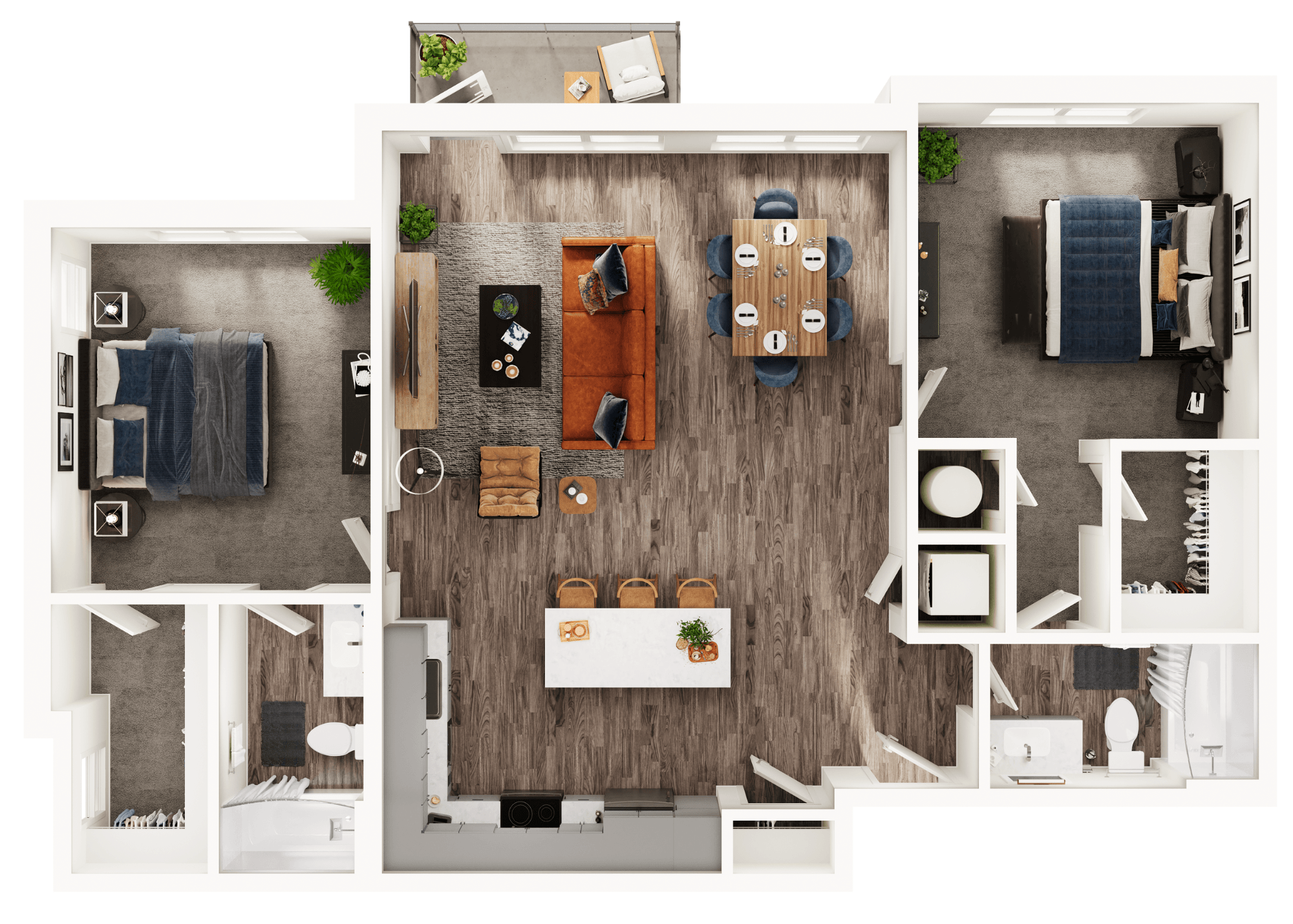 A 3D image of the B7 floorplan, a 1170 squarefoot, 2 bed / 2 bath unit